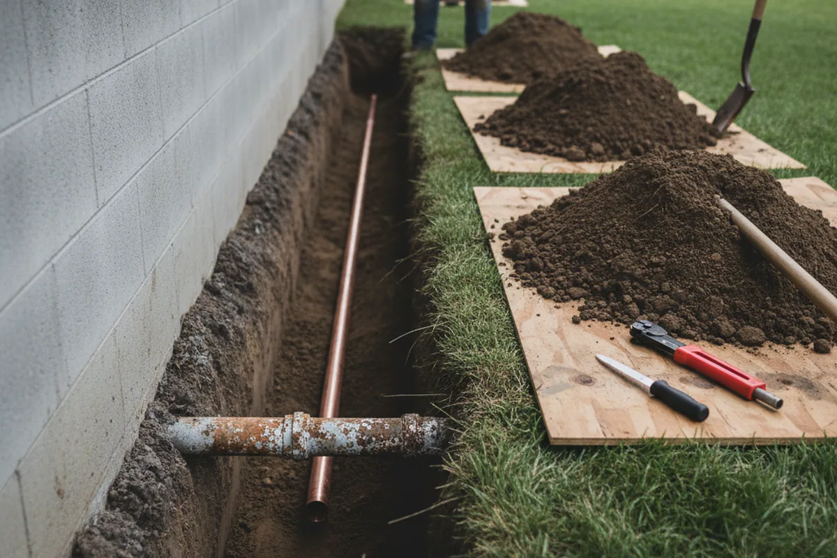 Excavated water line trench during Sewer Line Repair in Gadsden